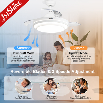 Bedroom Retractable Ceiling Fan With Light 3 Color Dimmable LED Light Remote Control