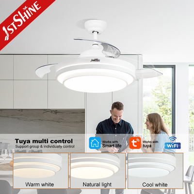 Bedroom Retractable Ceiling Fan With Light 3 Color Dimmable LED Light Remote Control